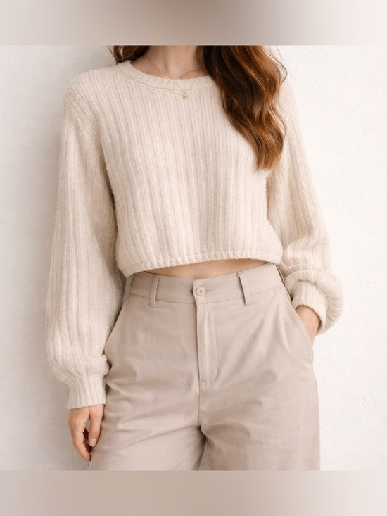 For The Republic Sweaters - For The Republic Cream Ribbed Cropped Sweater Soft Cozy Quiet Luxury Knit Sz M